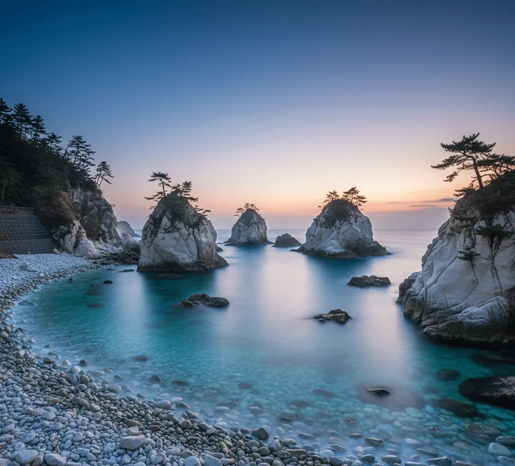 The serene Jodogahama Beach featuring white rocks and turquoise water in Miyako
