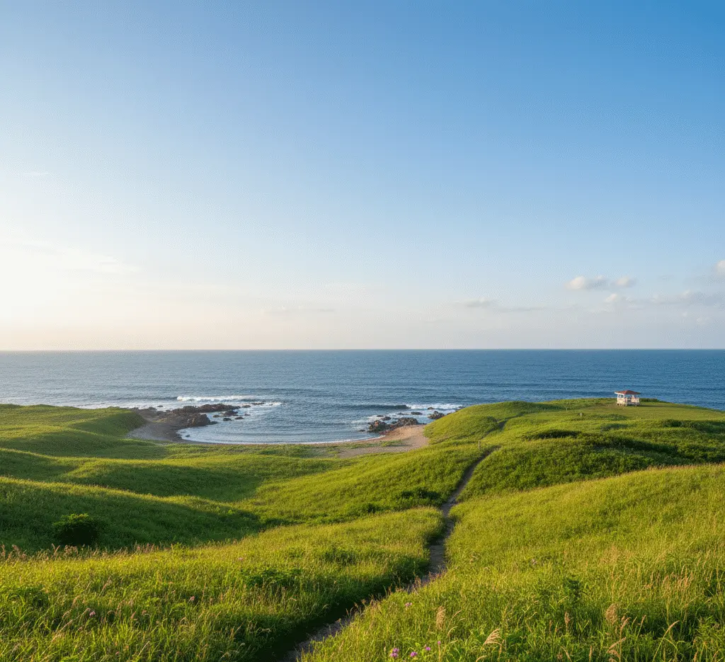 Natural green meadows meeting the blue Pacific Ocean at Tanesashi Coast in Hachinohe