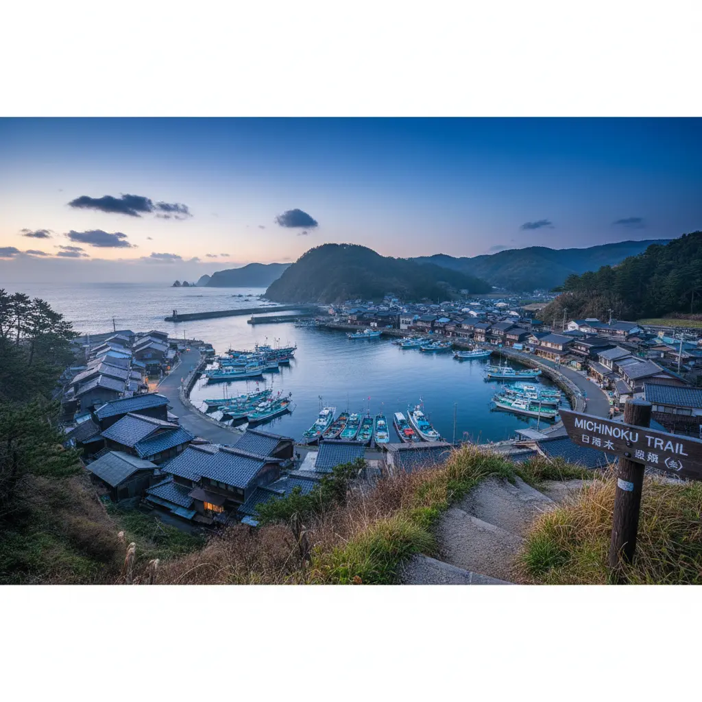 Charming traditional Japanese fishing village and harbor along the Michinoku Coastal Trail